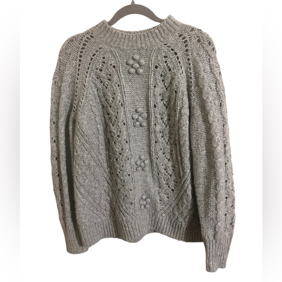 J. Crew Cable Knit Pointelle Gray Pullover‎ Wool Blend Sweater Large - Picture 2 of 6